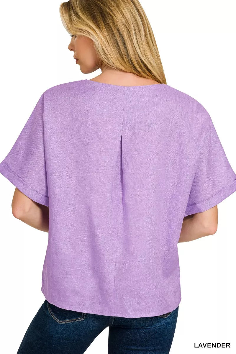 Lavender Zenana Linen Round Neck Cuffed Sleeve Top
