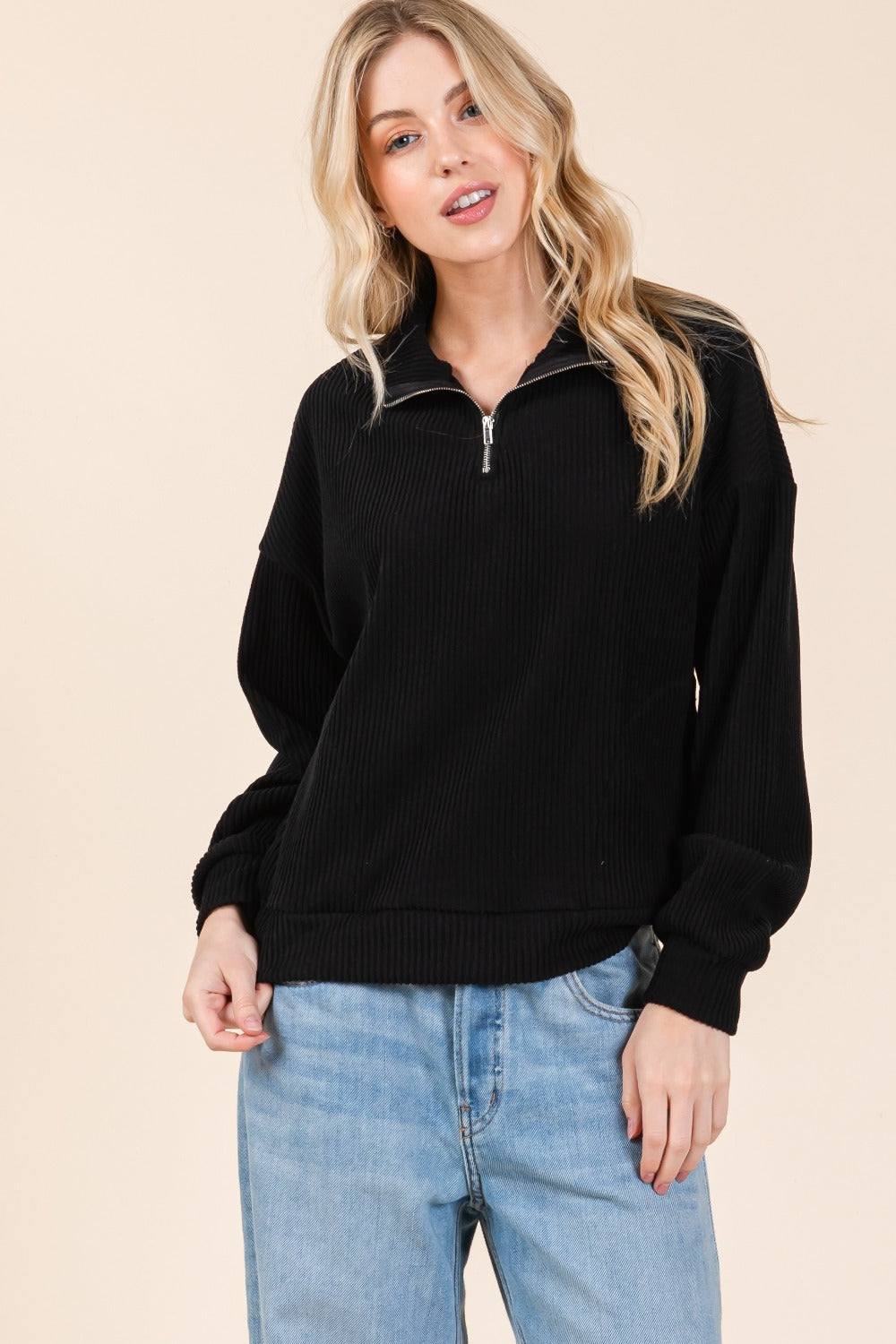 Black Bombom Quarter Zip Long Sleeve Sweatshirt With Pockets