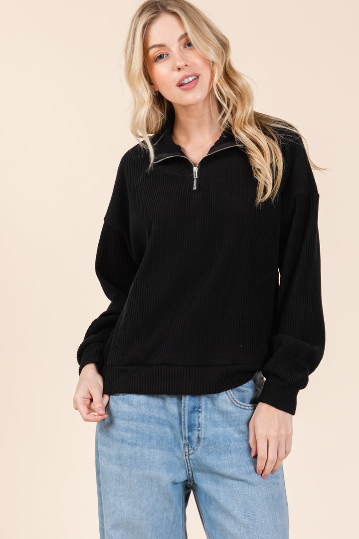 Black Bombom Quarter Zip Long Sleeve Sweatshirt With Pockets