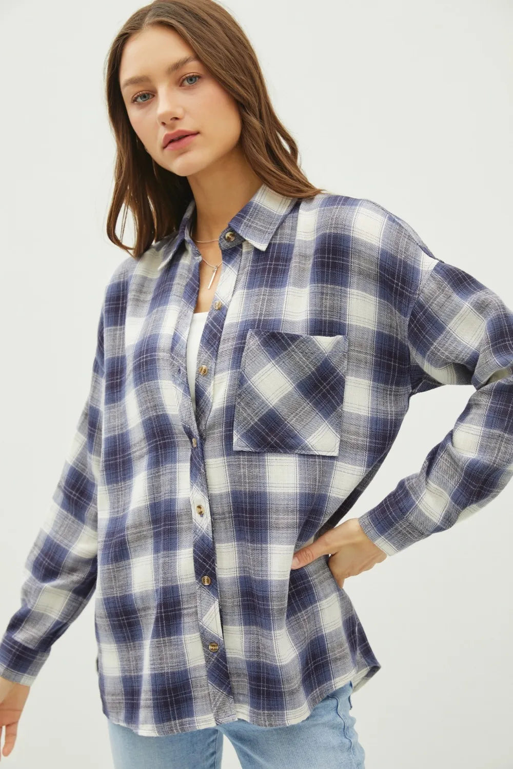 Blue Be Cool Plaid Flannel Button Down Shirt With Chest Pocket