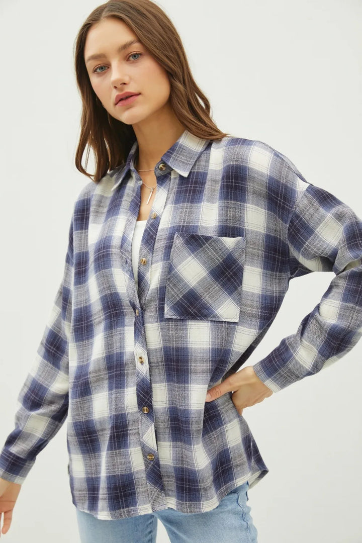 Blue Be Cool Plaid Flannel Button Down Shirt With Chest Pocket