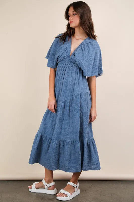 Very J Mineral Washed Elastic Neck Detail Midi Dress 1