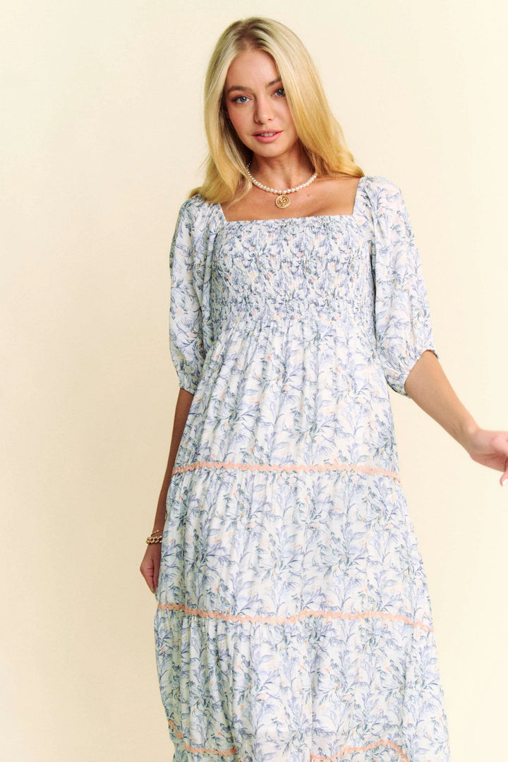 Davi Dani Contrast Ric Smocking Bodice Tiered Midi Dress