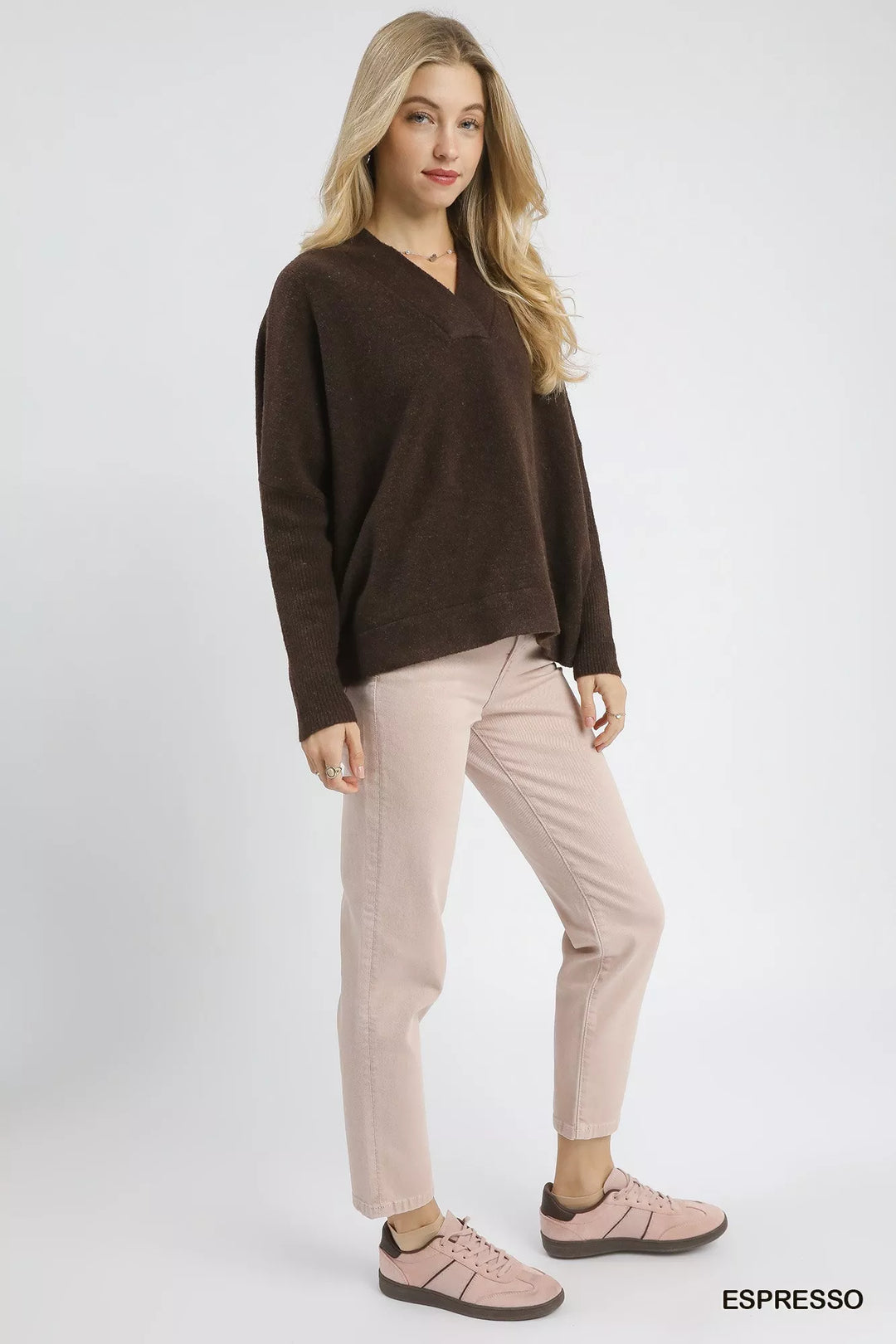 Umgee V Neck Sweater With Wide Trim Detail 1