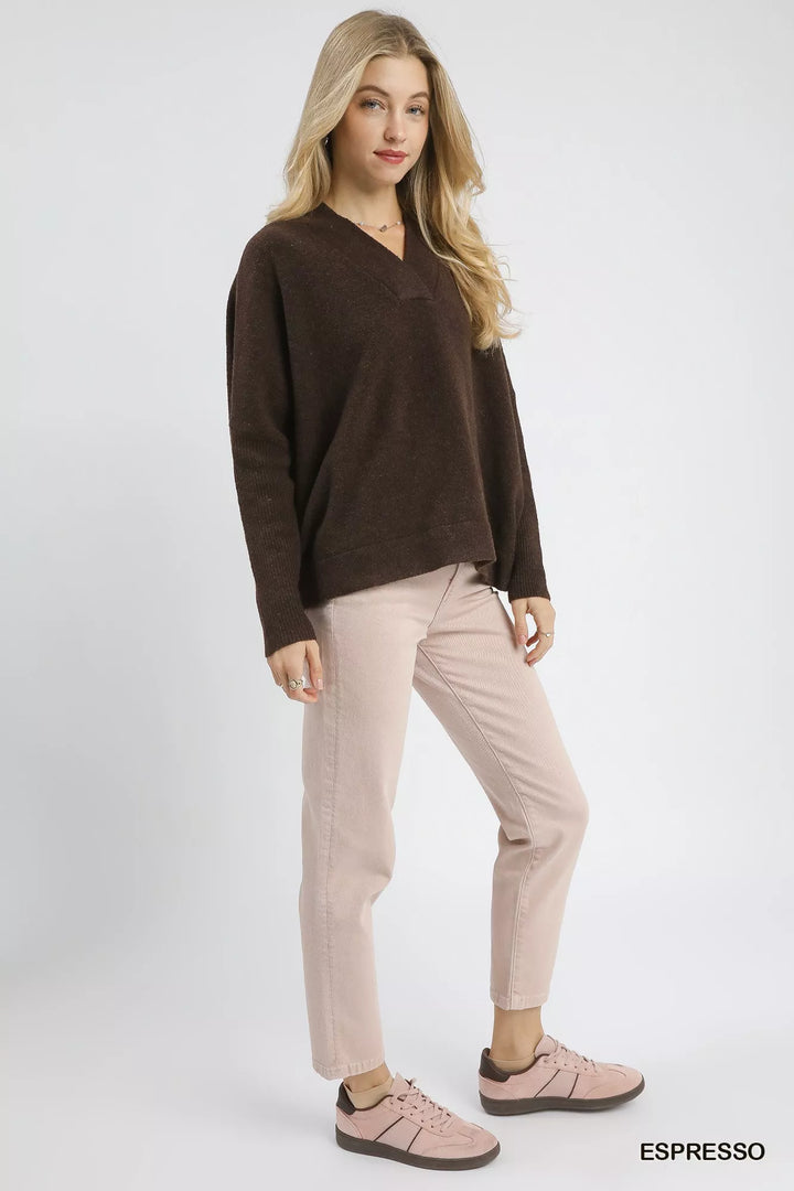 Umgee V Neck Sweater With Wide Trim Detail 1
