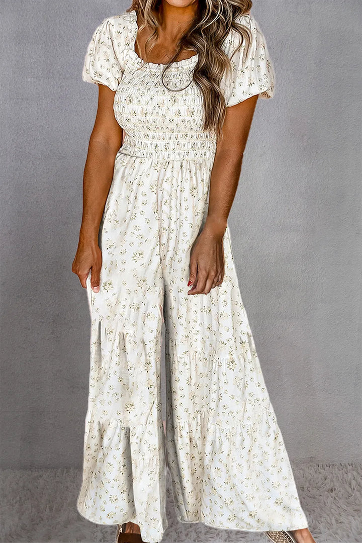 White Smocked Printed Short Sleeve Jumpsuit