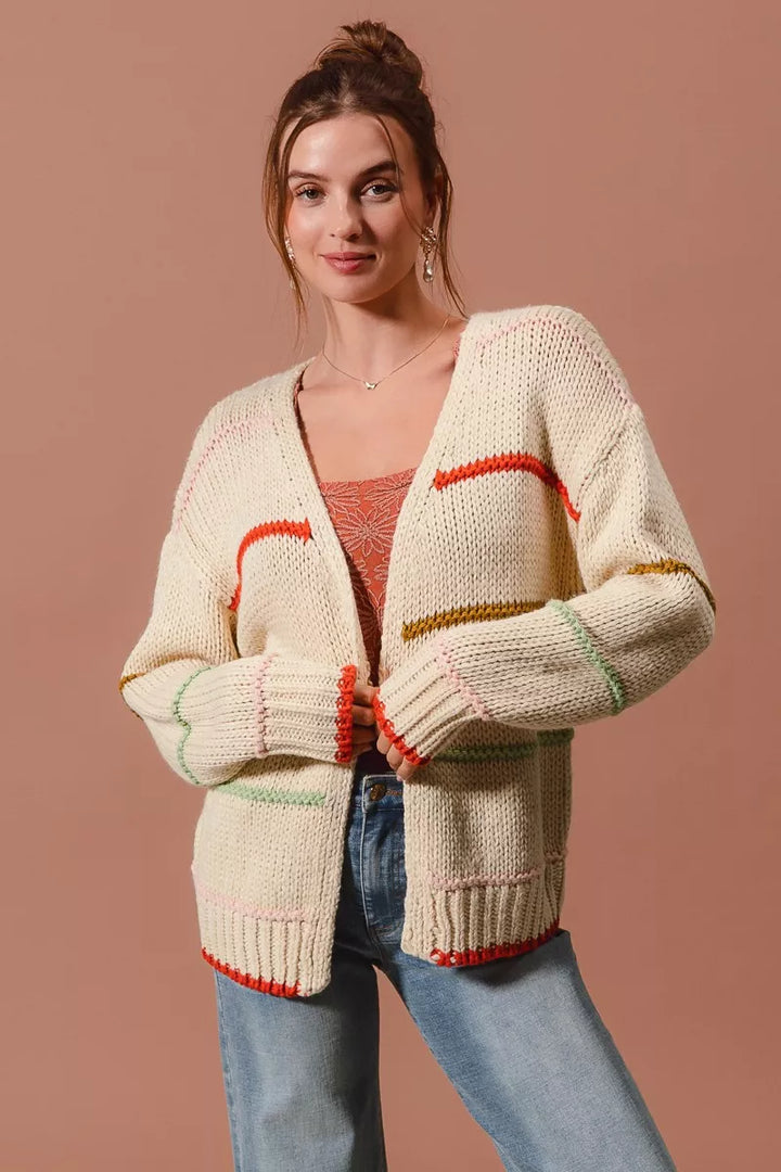 So Me Loose Fit Multi Stripe Open Front Cardigan