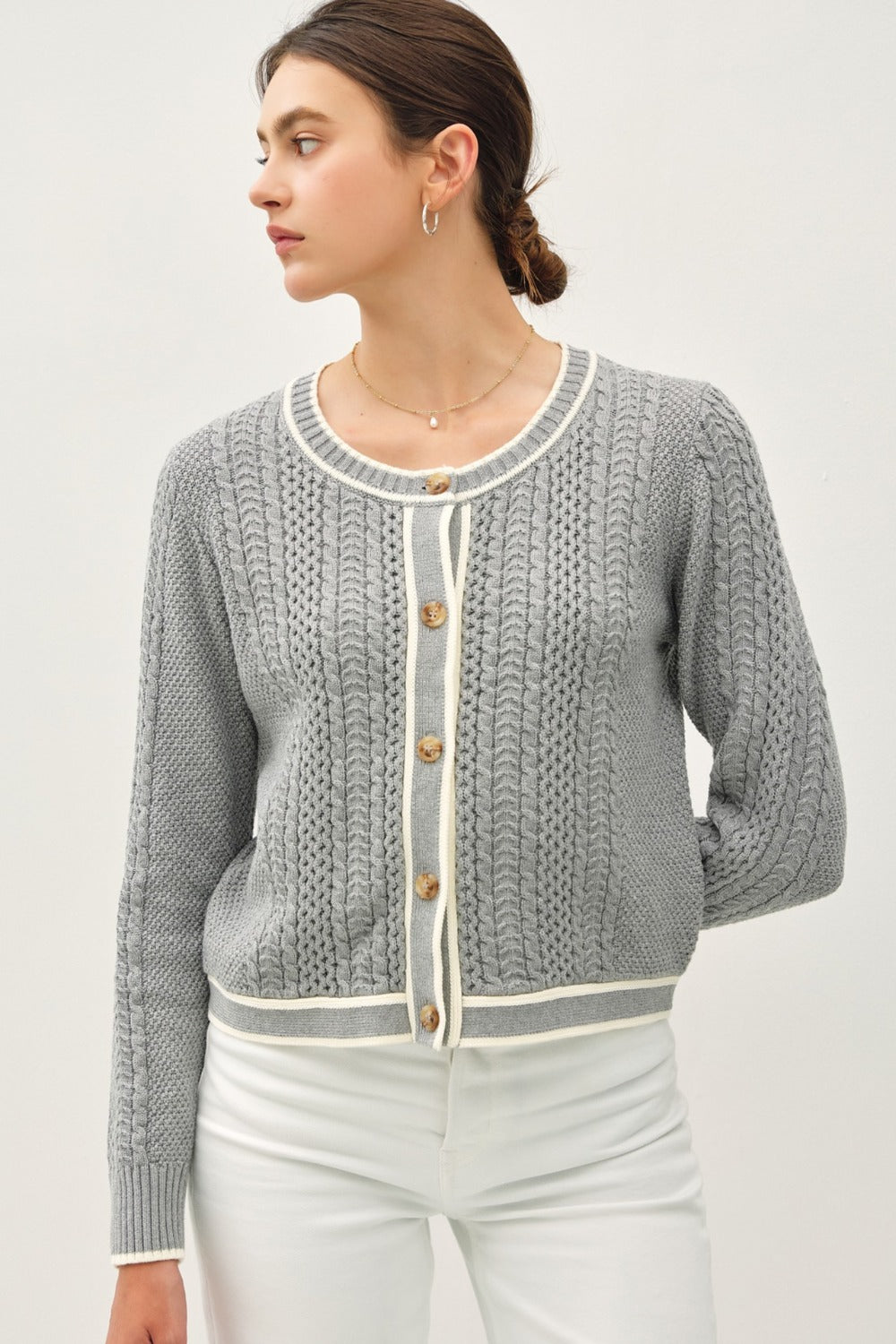 Gray Be Cool Cable Knit Long Sleeve Contrast Edge Cardigan