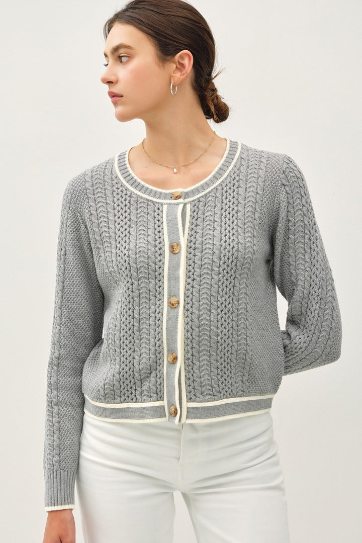 Gray Be Cool Cable Knit Long Sleeve Contrast Edge Cardigan