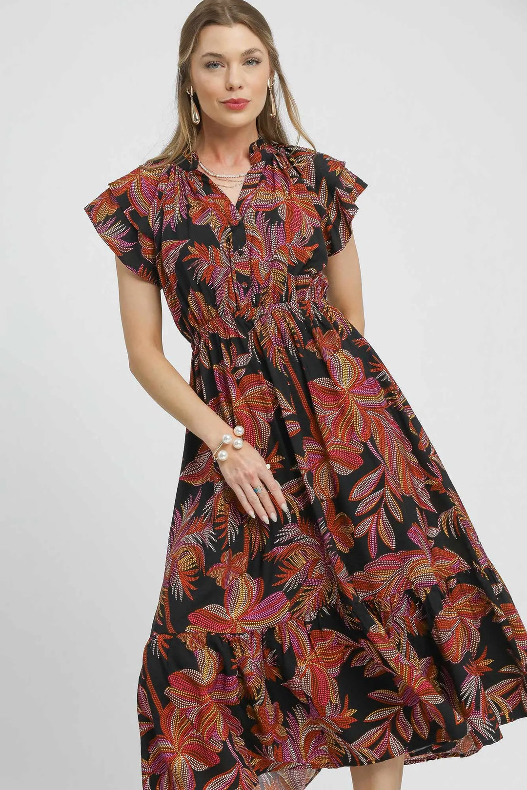 Black Mix Umgee Mix Ruffle Sleeve Tropical Midi Dress