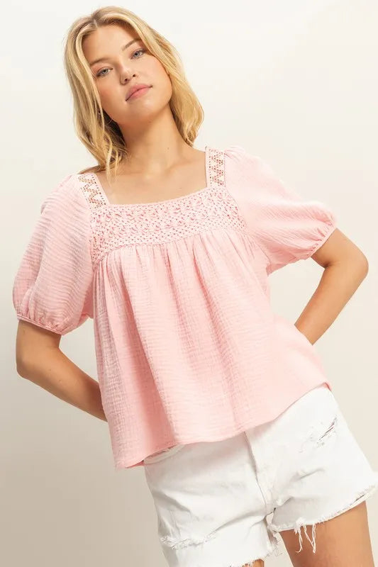 Baby Pink Hyfve Crochet Detail Puff Sleeve Peasant Top