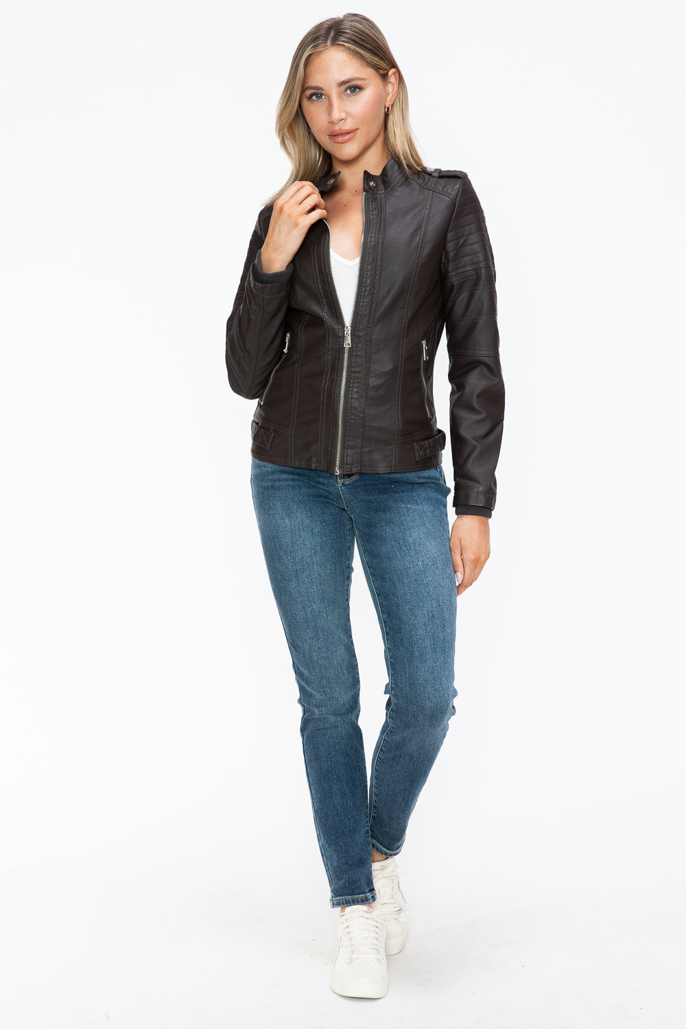 Snobbish Pu Leather Biker Jacket With Side Zip Pockets 2
