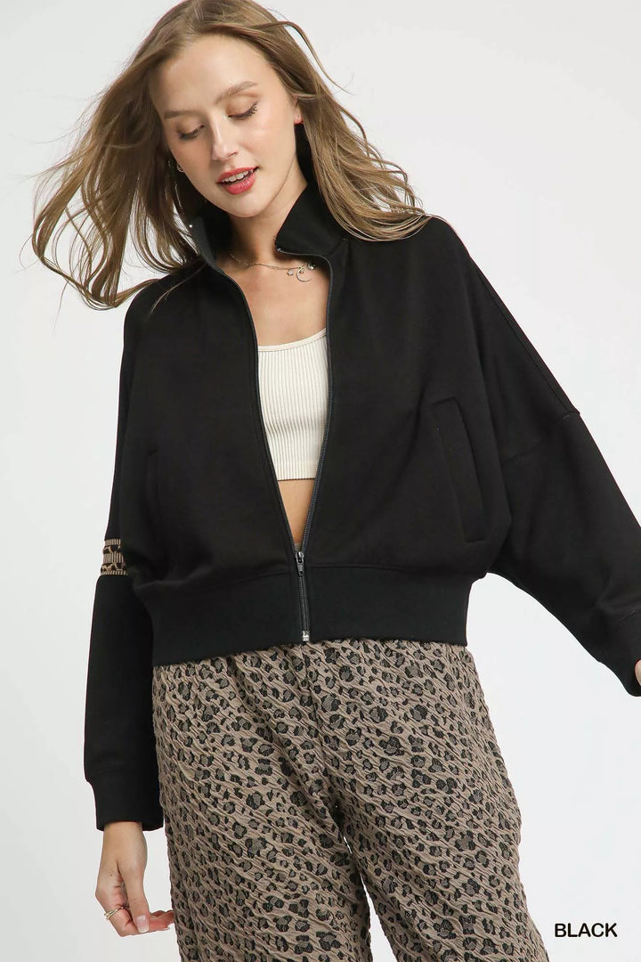 Black Umgee Zipper Up Cropped Jacket With Leopard Trim
