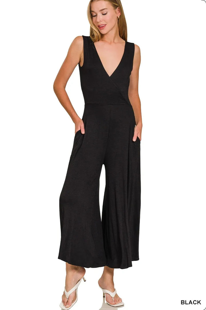 Black Zenana Surplice Neckline Sleeveless Jumpsuit