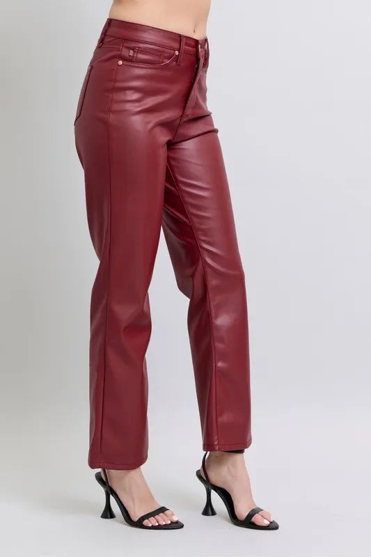 Red Judy Blue Full Size High Waist Tummy Control Faux Leather Straight Pants Plus Size