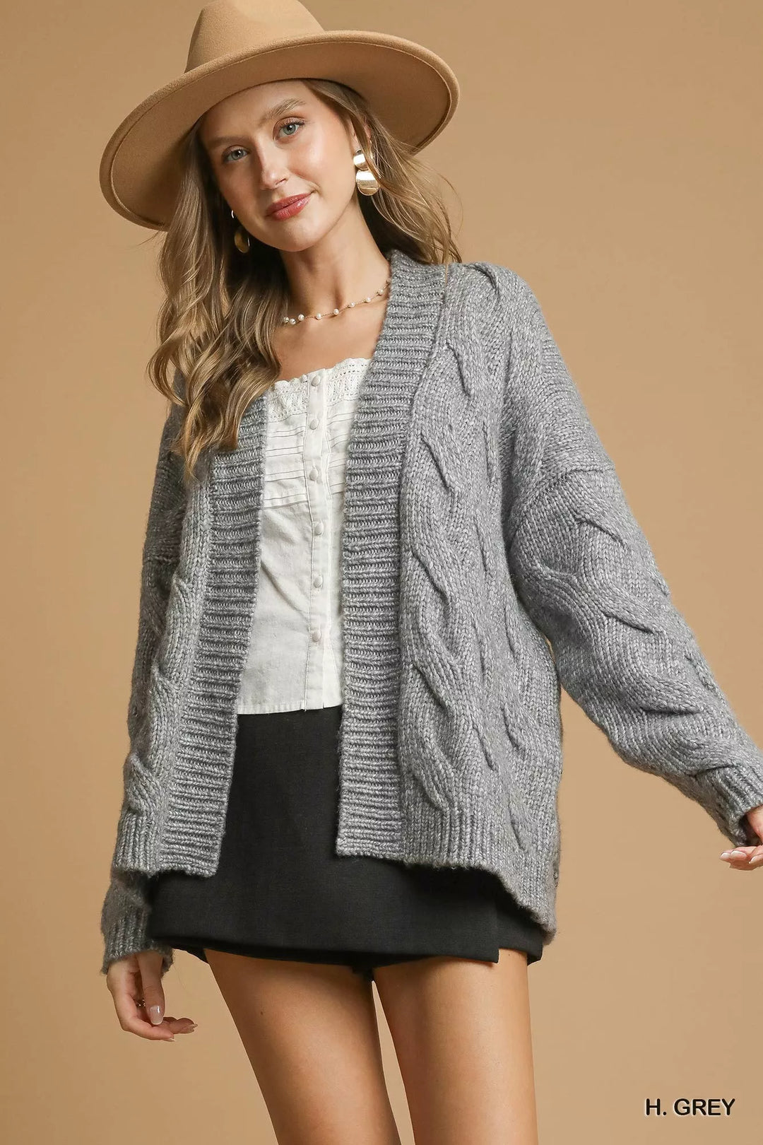 H. Grey Umgee Chunky Cable Knit Open Front Cardigan 1