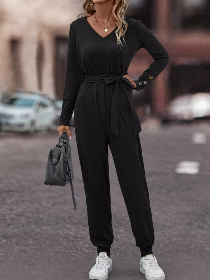 Black V Neck Long Sleeve Tie Waist Jumpsuit