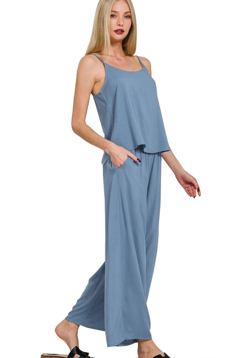 Dusty Blue Zenana Woven Cami Pants Set