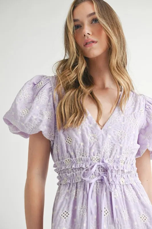 Mable Eyelet Lace Puff Sleeve V Neck Midi Dress 1