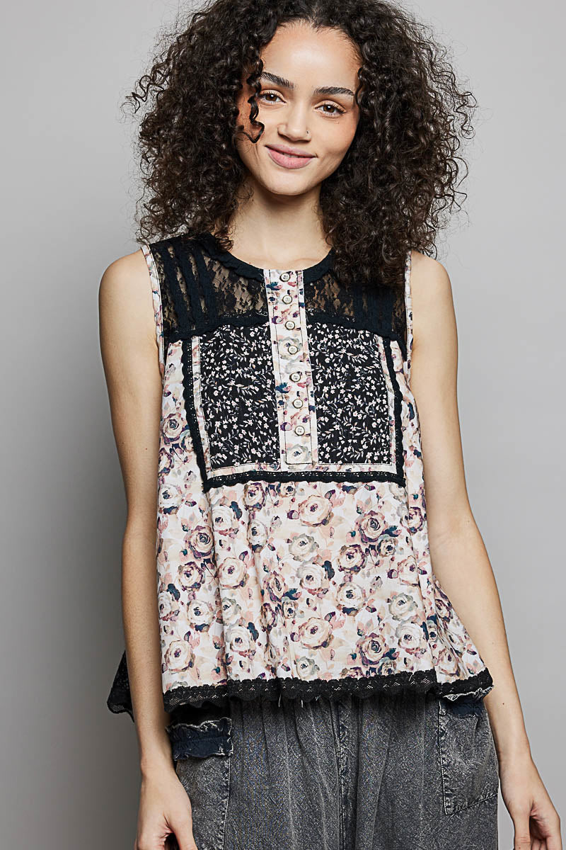 Black Pol Printed Woven Lace Back Round Neck Sleeveless Top