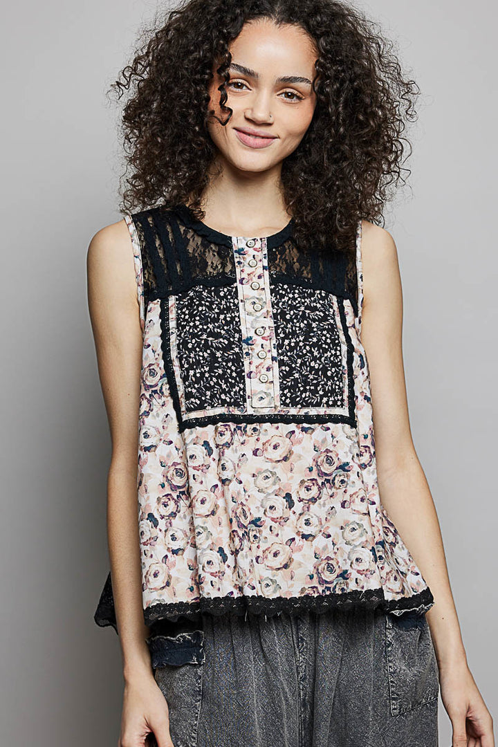 Black Pol Printed Woven Lace Back Round Neck Sleeveless Top