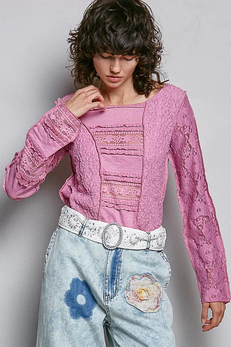 Rose Pink Pol Round Neck Long Sleeve Exposed Seam Top With Lace Detail 1