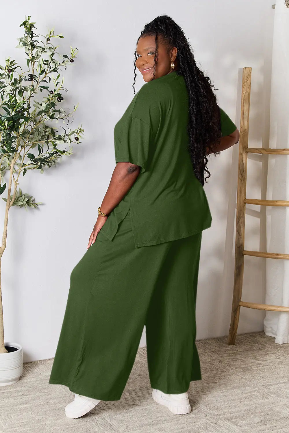 Army Green Double Take Full Size Round Neck Slit Top And Pants Set