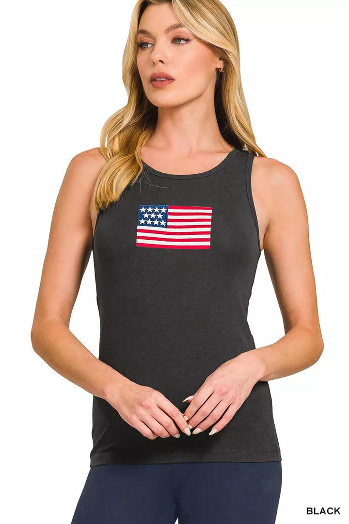 Black Zenana Double Scoop American Flag Embroidered Tank Top 1