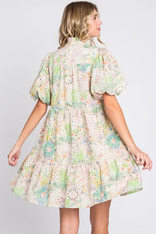 Geegee Floral Eyelet Lace Puff Sleeve Mini Dress