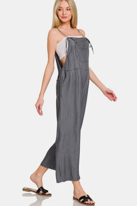 Black Zenana Washed Adjustable Strap Wide Leg Denim Overalls 1