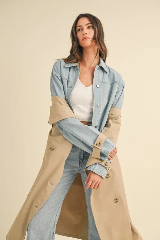 Mable Layered Look Trench Coat With Denim Jacket