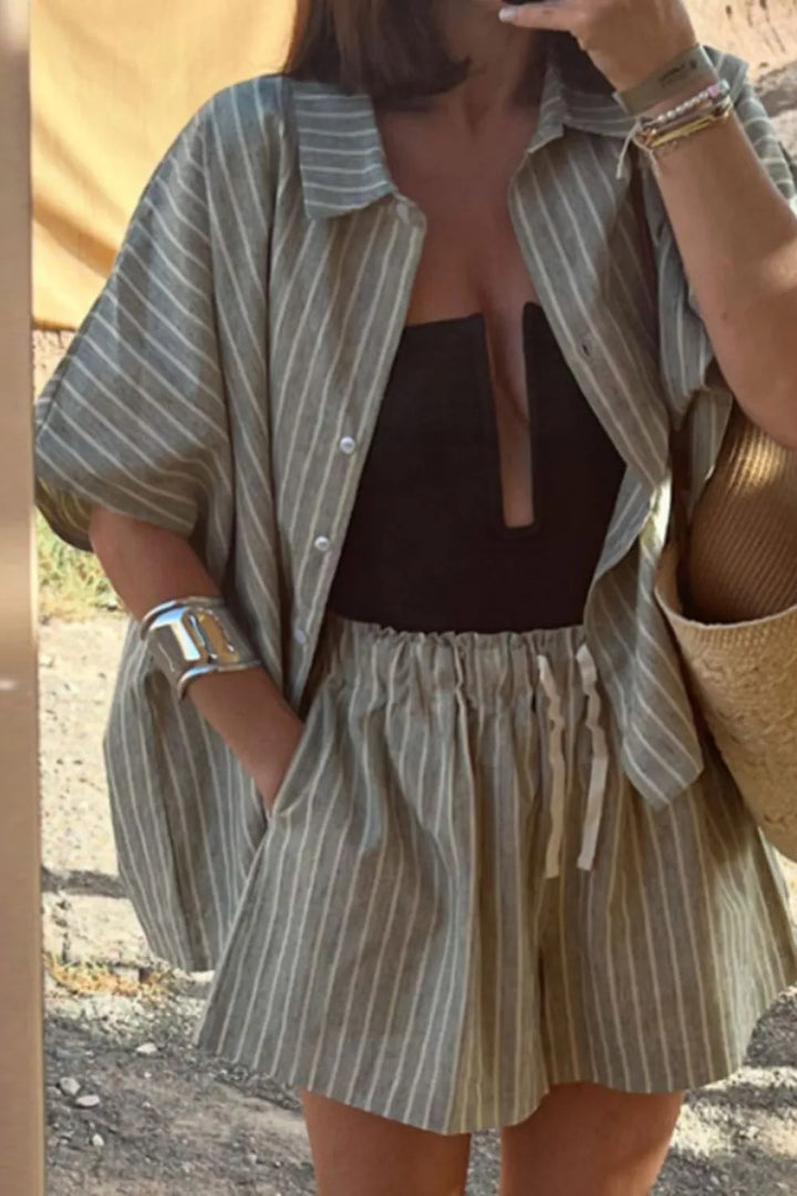 Grey Striped Linen Shirt And Shorts Two Piece Summer Set