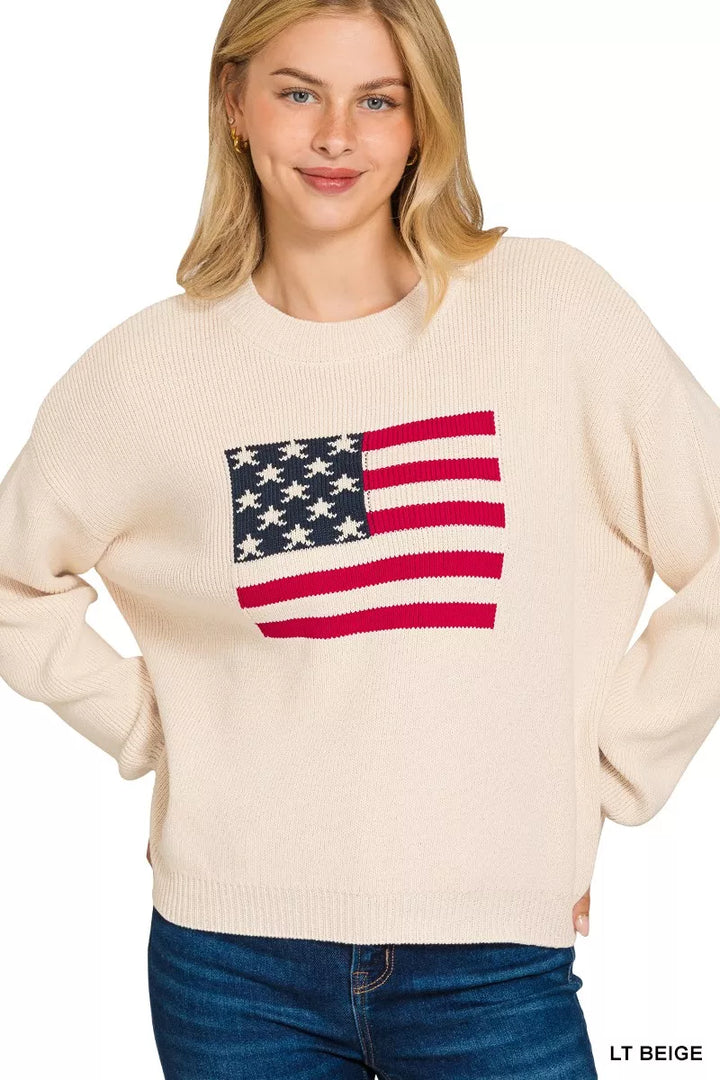 Lt Beige Zenana American Flag Crew Neck Sweater