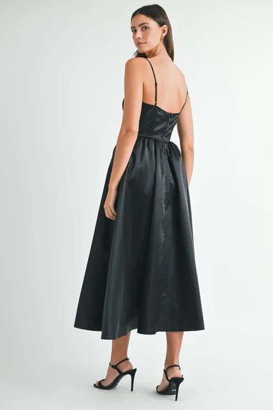 Black Mable Solid Taffeta Spaghetti Strap Bustier Midi Dress