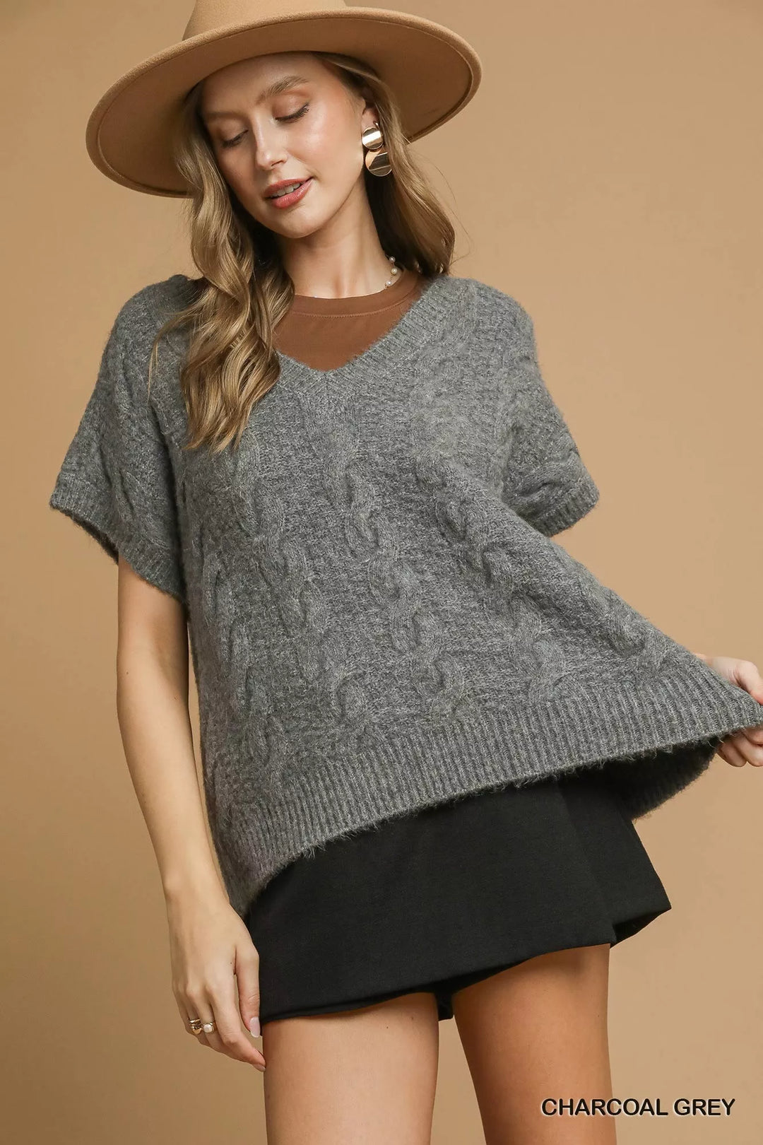 Charcoal Grey Umgee Cable Knit V Neck Sweater
