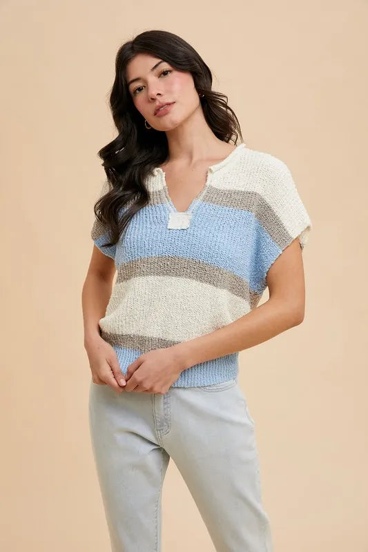 Ivory/Denim Blue Annie Wear Low Gauge Color Block Textured Sweater Top 1