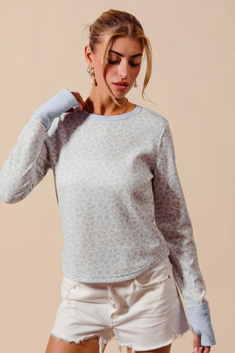 Dusty Blue/Ivory So Me Textued Floral Knit Top With Contrast Cuffs
