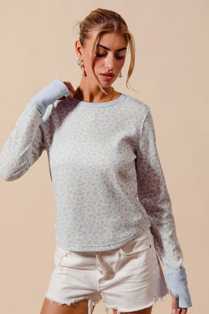 Dusty Blue/Ivory So Me Textued Floral Knit Top With Contrast Cuffs