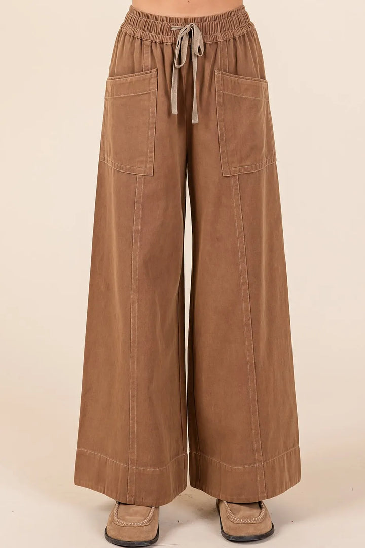 Cocoa Mittoshop Mineral Wash Wide Leg Elastic Waist Twill Pants