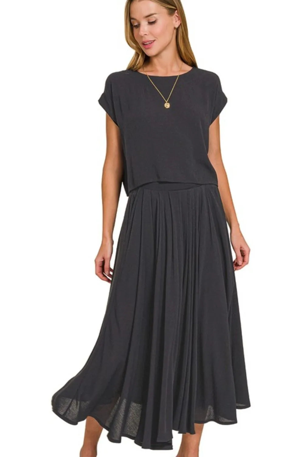 Black Zenana Woven Crinkle Gauze Crop Tee And Skirt Set 2