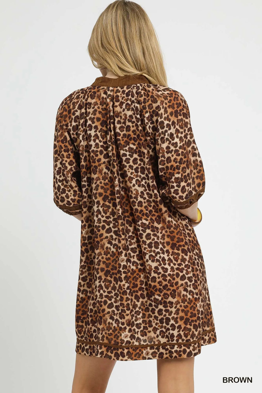 Brown Umgee Full Size Leopard Print Mini Dress With Contrast Trim Plus Size