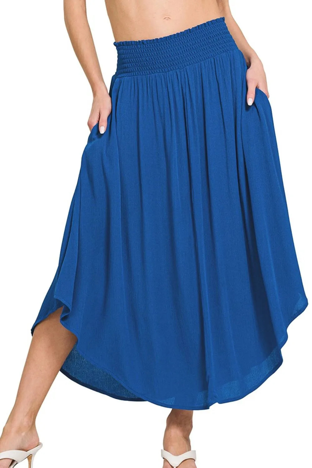 Classic Blue Zenana Woven Crinkle Smocked Waist Maxi Skirt W Pockets 5