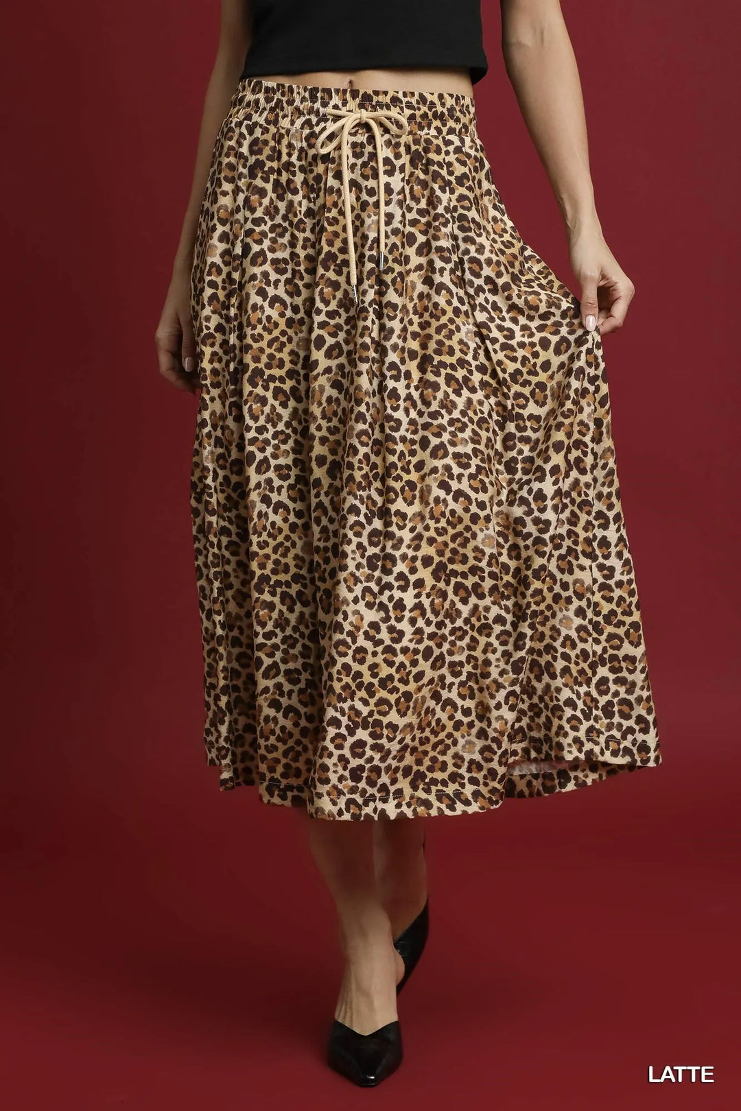 Latte Umgee Drawstring Leopard Midi Skirt 1