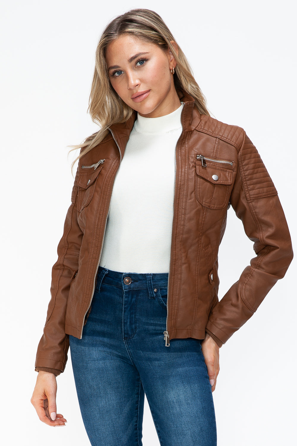 Ymi Removable Faux Layered Multi Pocket Jacket With Fuzzy Hood 2