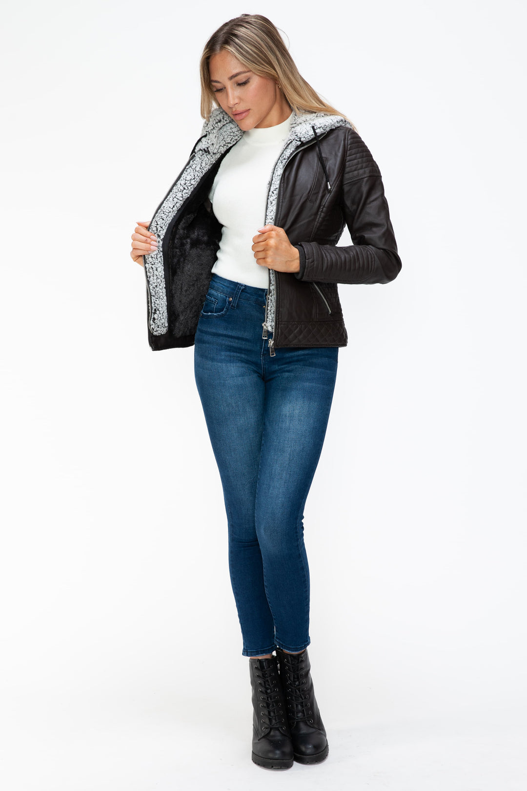 Ymi Faux Layered Double Zipper Jacket With Fuzzy Hood