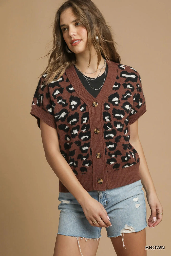Brown Umgee Leopard Button Down Short Sleeve Cardigan