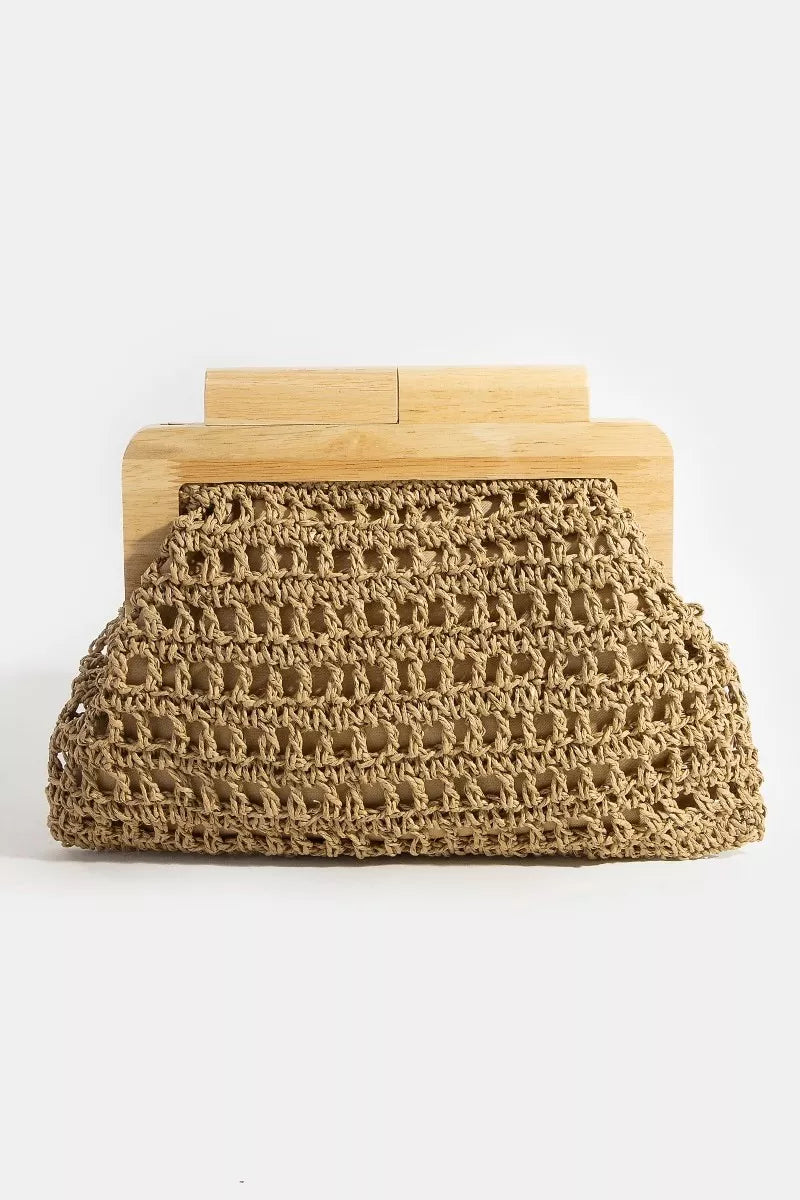 Ka Fame Straw Braided Wooden Top Frame Clutch Bag