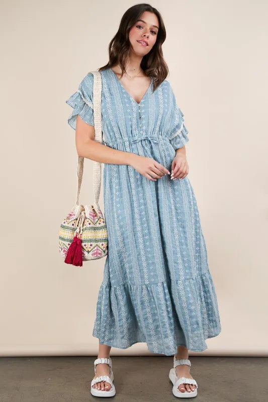 Very J Embroidered Boho Ruffled Midi Dress 2