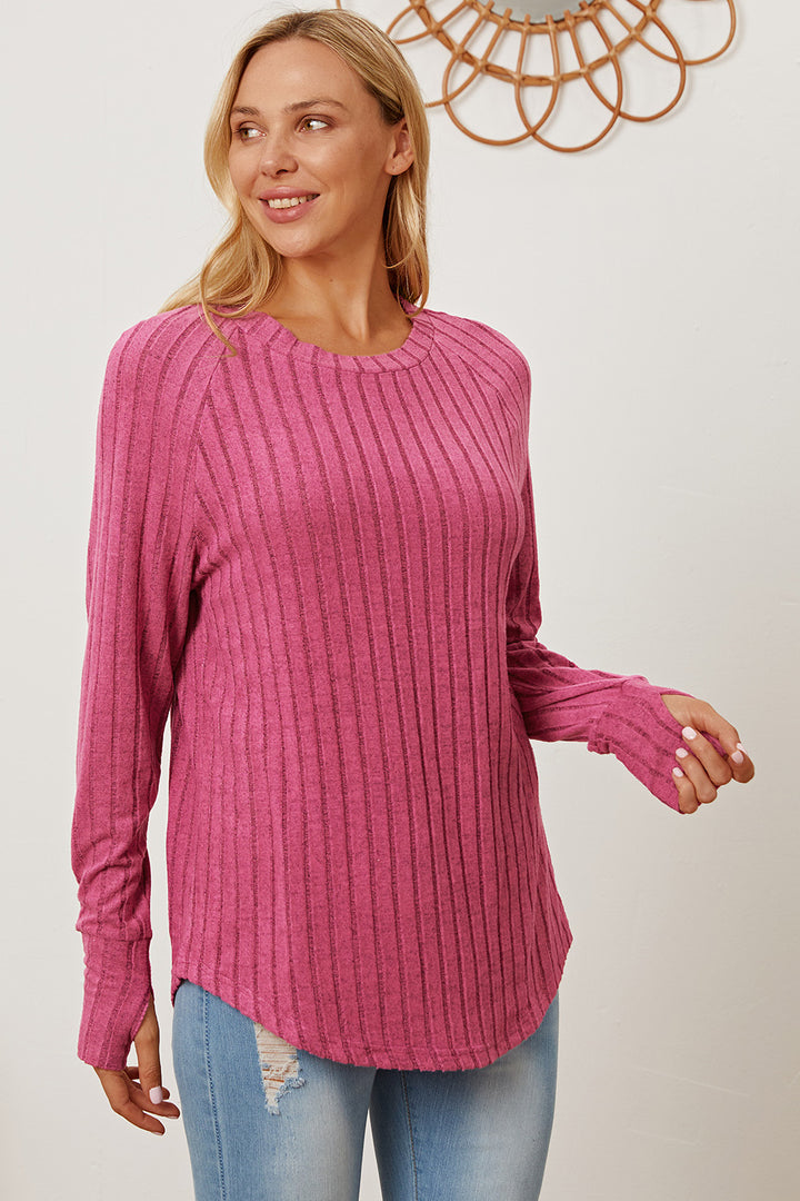 Dark Blue Basic Bae Full Size Ribbed Thumbhole Sleeve T Shirt