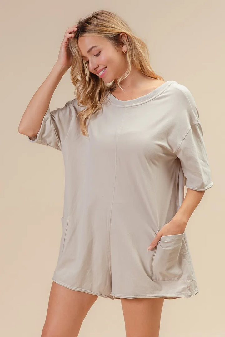 Oatmeal Bibi Short Sleeve Back Open Washed Romper
